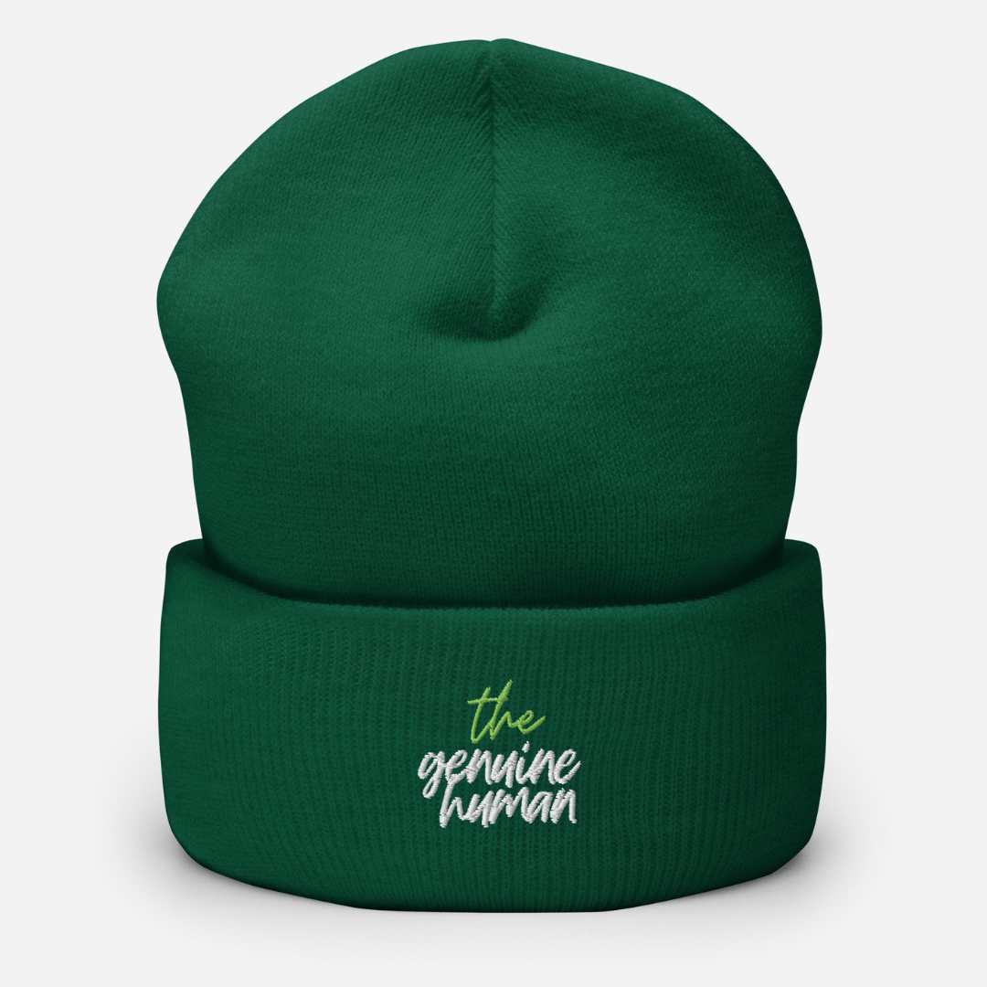 Pine green beanie hat with text thegenuinehuman 