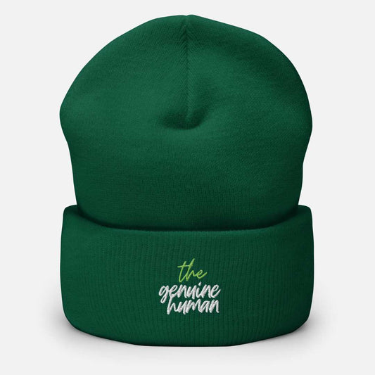 Pine green beanie hat with text thegenuinehuman 