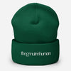 Green beanie with 'the genuine human' text on a white background
