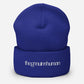 Blue beanie with white text on a white background