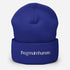 Blue beanie with white text on a white background