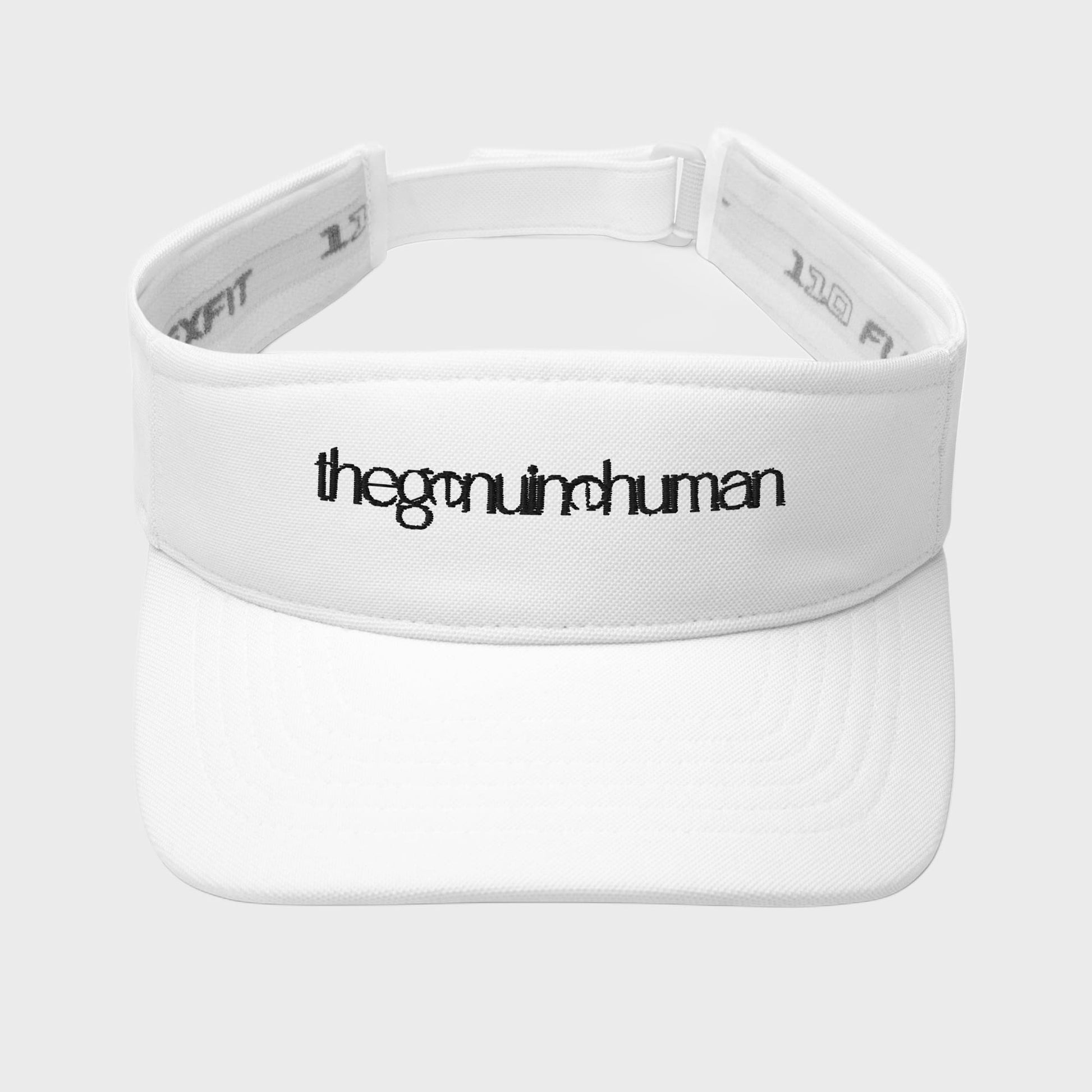White visor with 'thegenuinehuman' text on a white background
