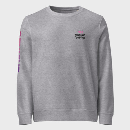 A gray sweatshirt with a text logo on the chest and a photographic letter print on the sleeve.