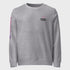 A gray sweatshirt with a text logo on the chest and a photographic letter print on the sleeve.