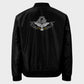 A black sustainable bomber jacket with 'faith over fear' text and an embroidered animal head, dove, and roses design on the back.