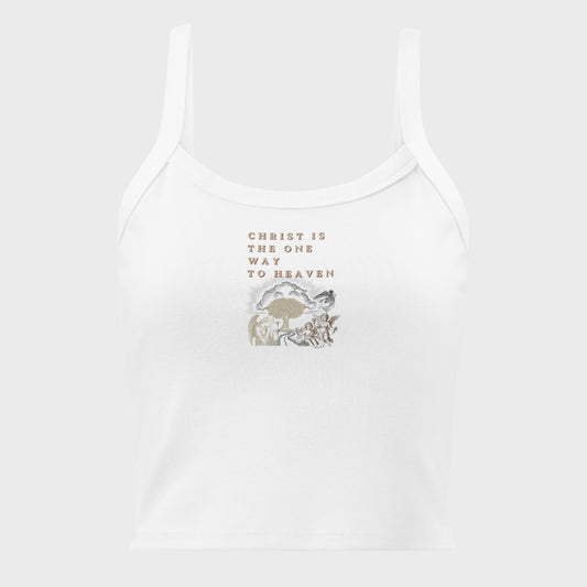 White tank top with text and graphic design on a white background